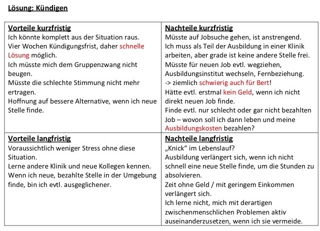 Mein 4-Felder-Schema zur Bewertung der kurz- und langfristigen Vor- und Nachteile der Lösung "Kündigen" - rot markiert sind besonders wichtige Aspekte